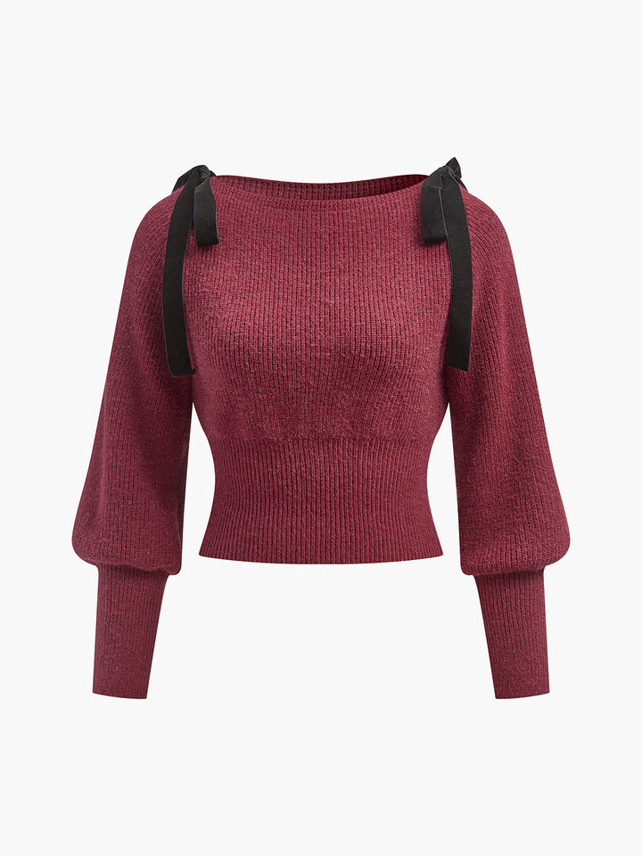 Contrast Bow Cinched Waist Sweater  Liora Lane Boutique Sweaters Burgundy / XL 42.00