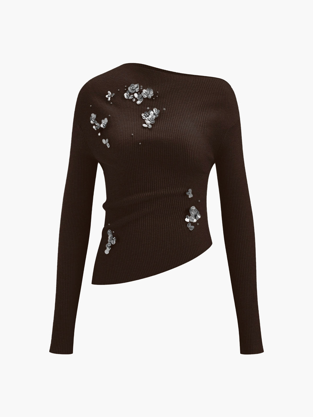 Wool-Blend Asymmetrical Sequins Knit Top  Liora Lane Boutique Knit Tops Dark Brown / XL 46.00