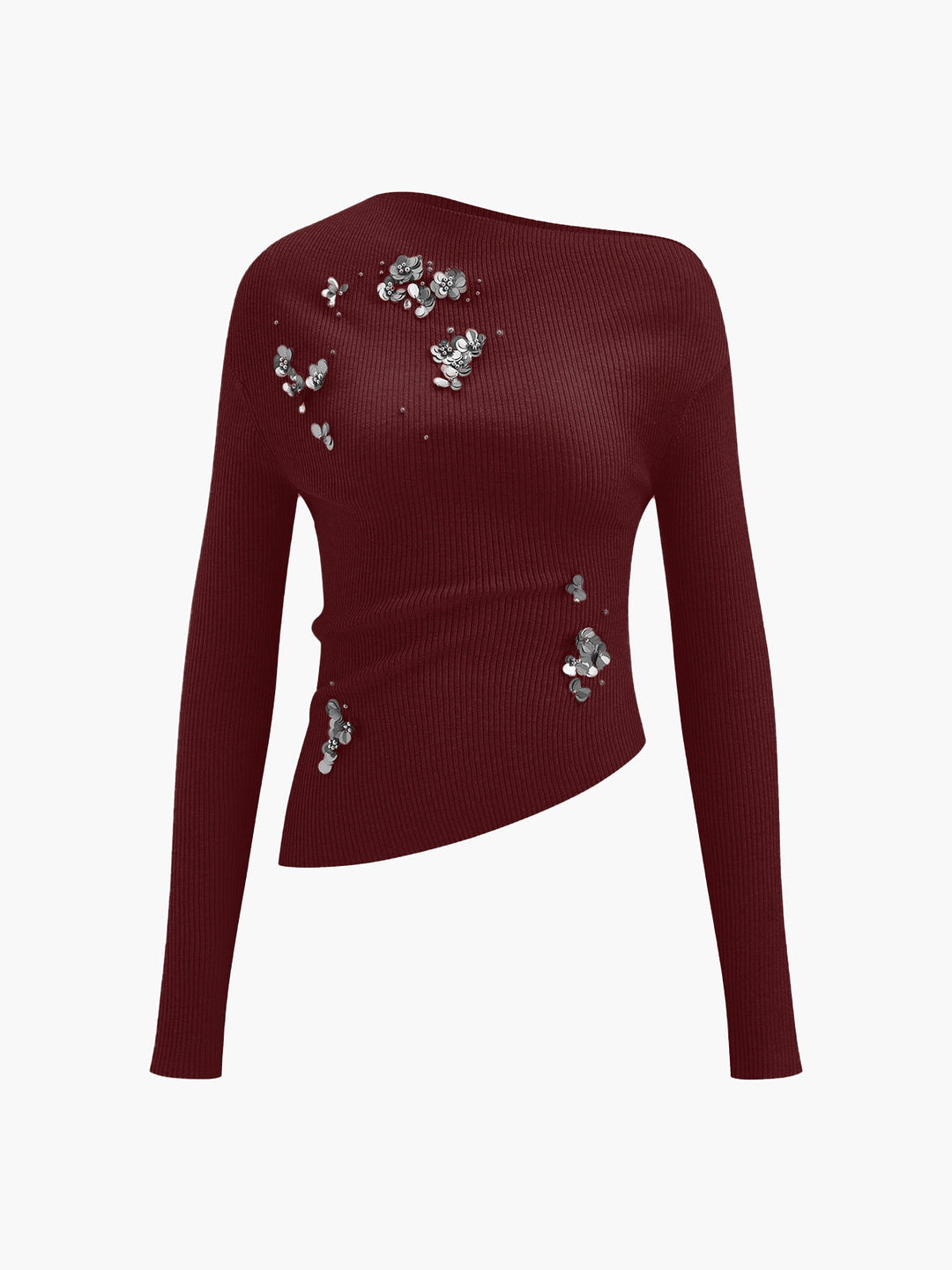 Wool-Blend Asymmetrical Sequins Knit Top  Liora Lane Boutique Knit Tops Burgundy / XL 46.00