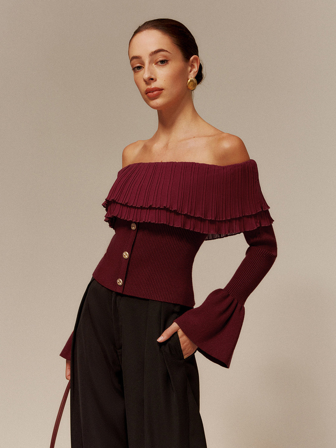 Off-Shoulder Pleated Ruffle Slim Sweater  Liora Lane Boutique Sweaters Burgundy / XL 123.99