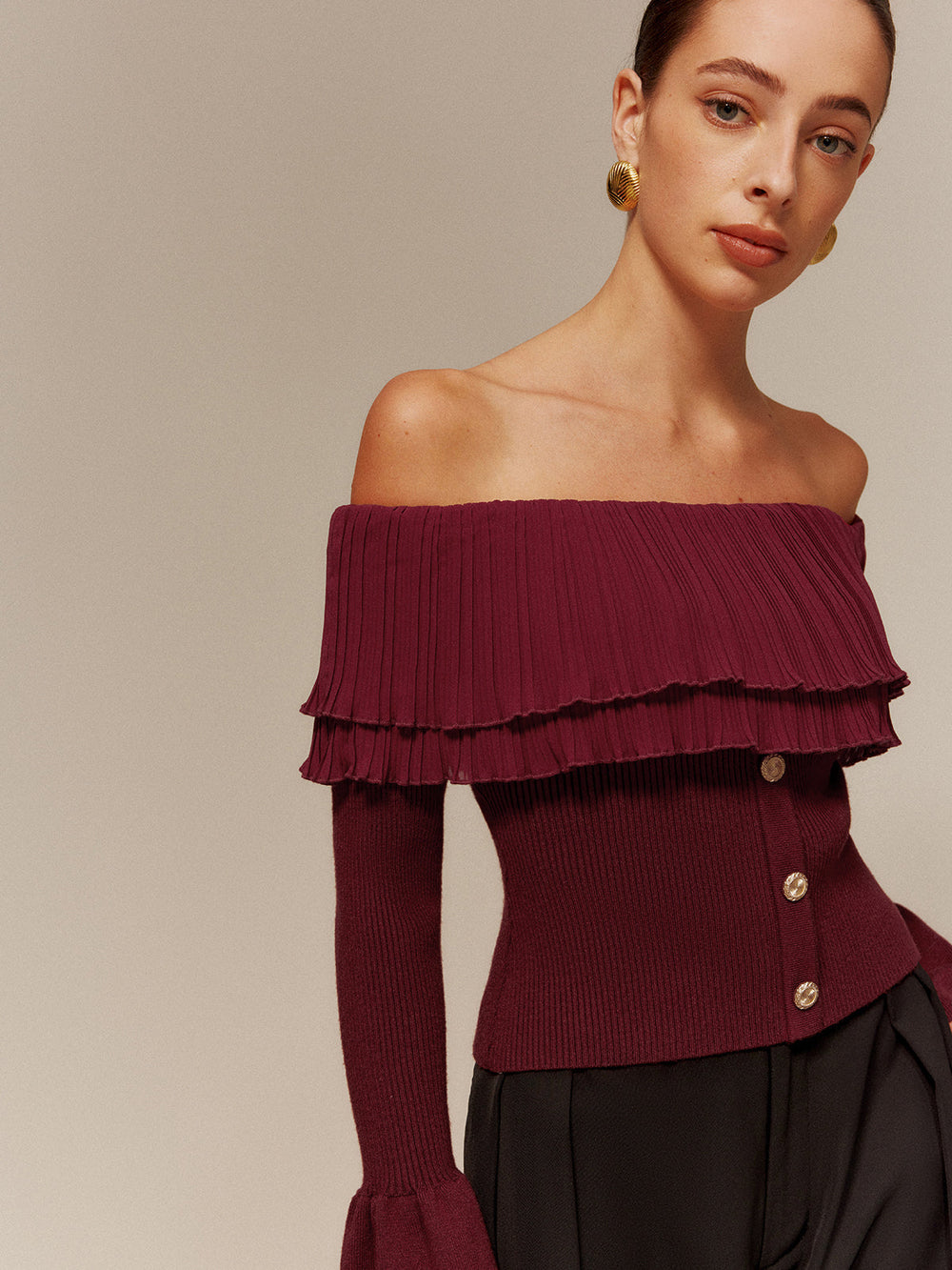 Off-Shoulder Pleated Ruffle Slim Sweater  Liora Lane Boutique Sweaters