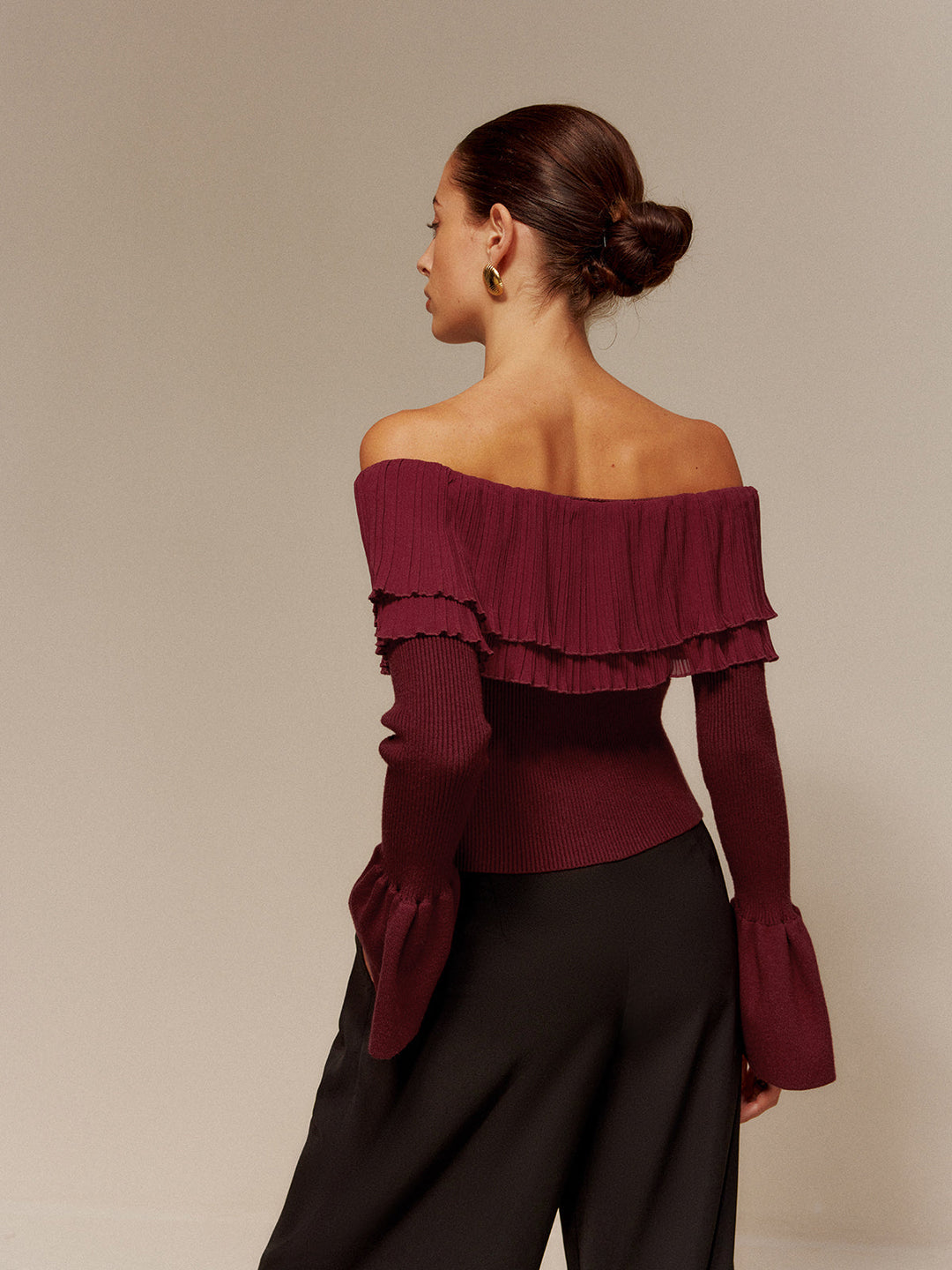 Off-Shoulder Pleated Ruffle Slim Sweater  Liora Lane Boutique Sweaters