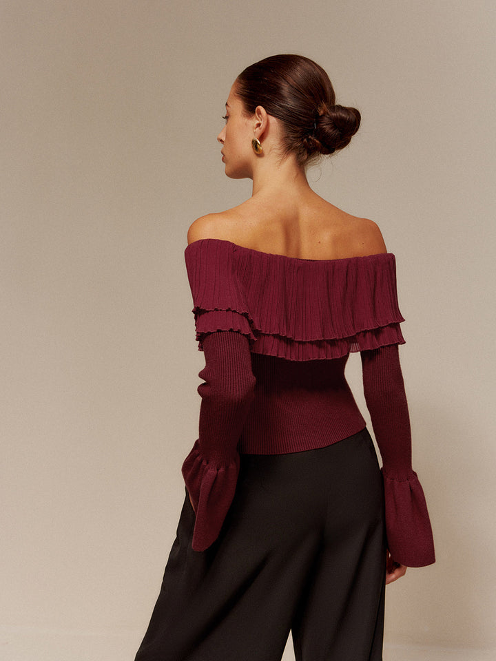 Off-Shoulder Pleated Ruffle Slim Sweater  Liora Lane Boutique Sweaters