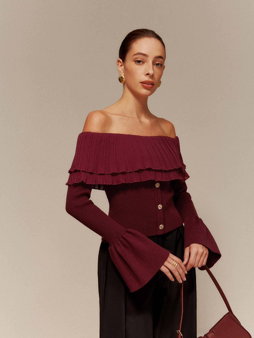 Off-Shoulder Pleated Ruffle Slim Sweater  Liora Lane Boutique Sweaters
