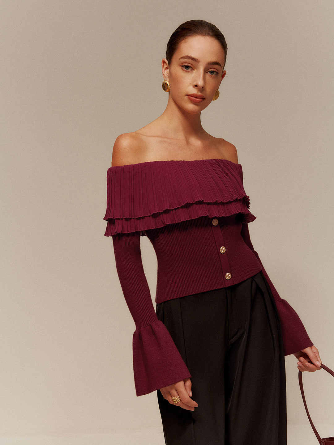 Off-Shoulder Pleated Ruffle Slim Sweater  Liora Lane Boutique Sweaters