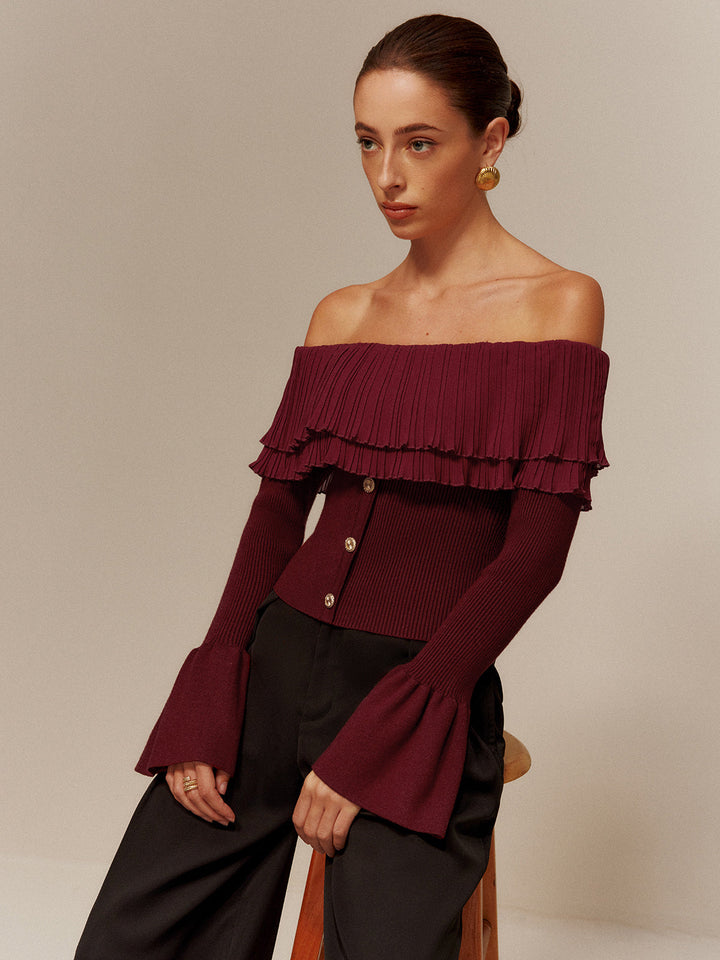 Off-Shoulder Pleated Ruffle Slim Sweater  Liora Lane Boutique Sweaters