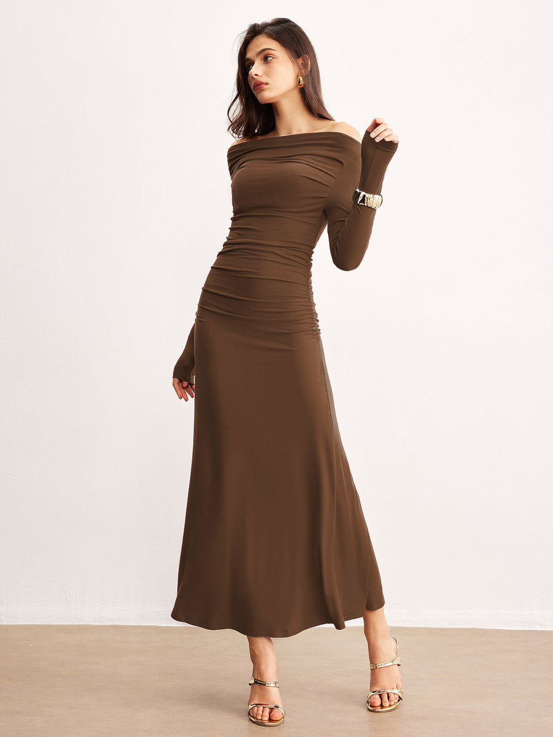 Off-Shoulder Ruffle Knit Dress  Liora Lane Boutique Knit Dresses Dark Brown / XL 42.00