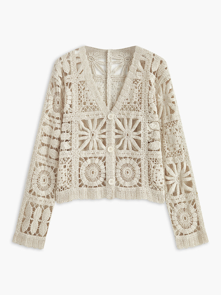 Crochet Square Pattern Button-Front Cardigan  Liora Lane Boutique Cardigans Beige / L 84.99