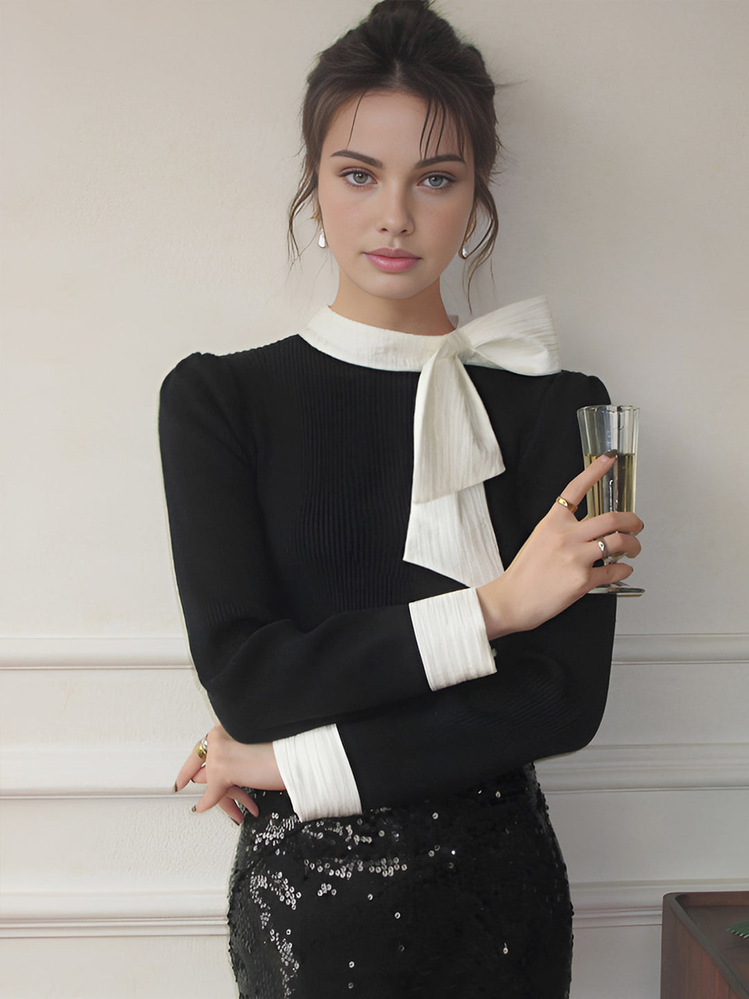 Color Block Bow Knit Top  Liora Lane Boutique Knit Tops Black / XL 49.00