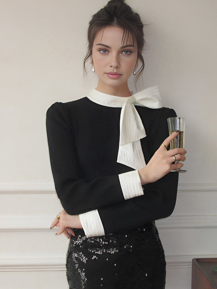 Color Block Bow Knit Top  Liora Lane Boutique Knit Tops Black / XL 49.00