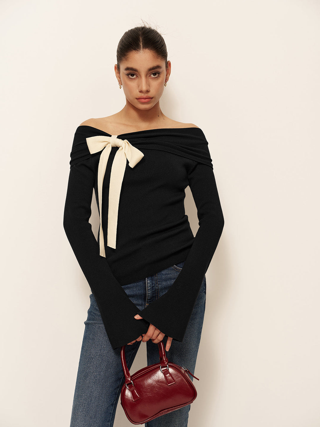 Wool-Blend Bow-Decor Bell Sleeve Knit Top  Liora Lane Boutique Knit Tops Black / XL 99.99