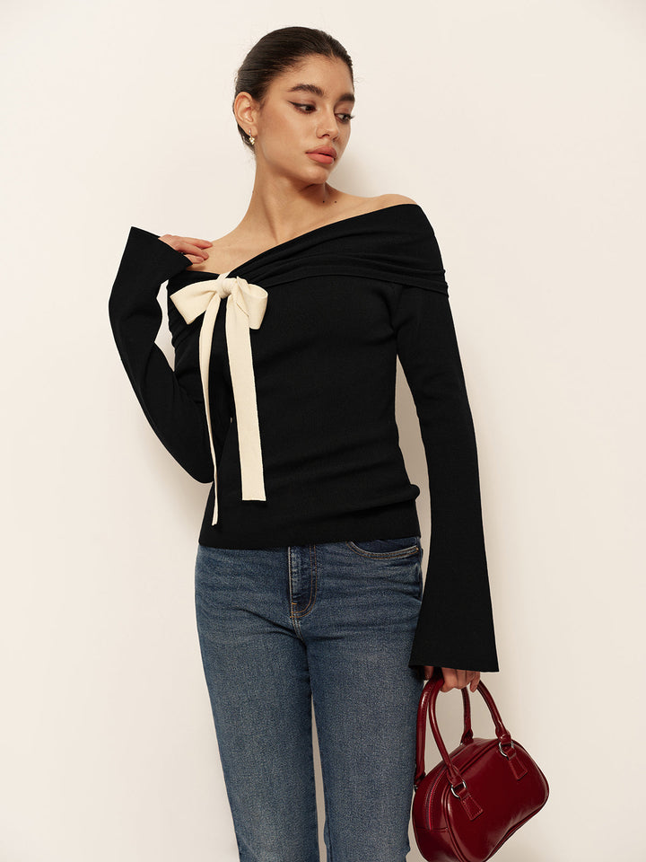 Wool-Blend Bow-Decor Bell Sleeve Knit Top  Liora Lane Boutique Knit Tops