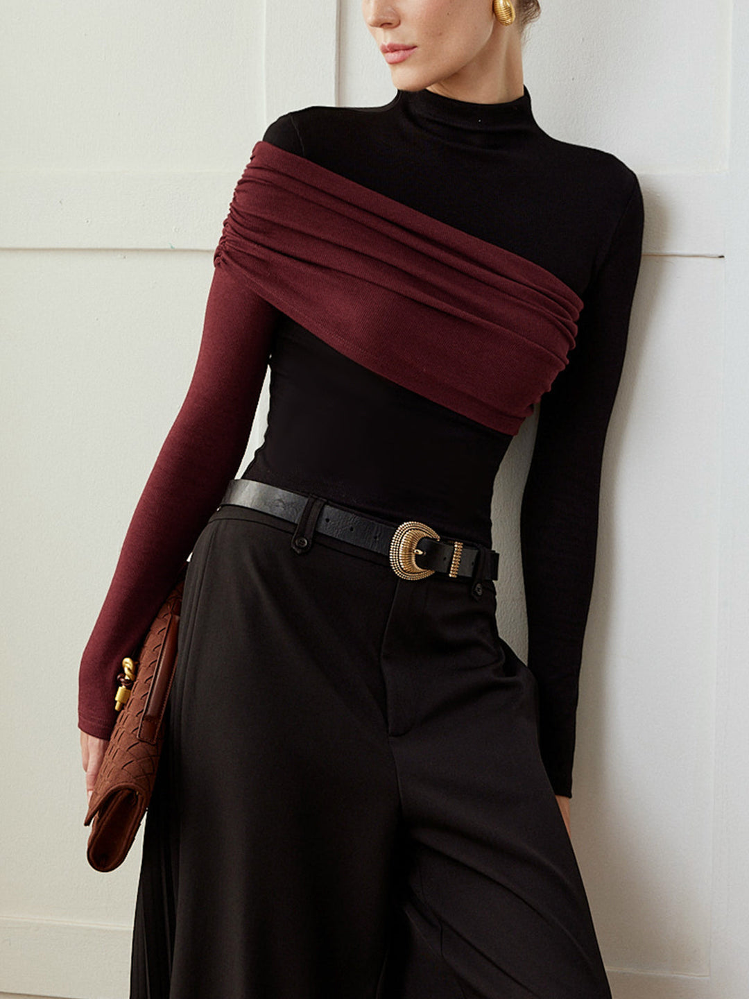 Color Block Pleated Jersey Slim Top  Liora Lane Boutique T-Shirts Black / XL 29.00
