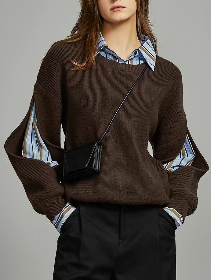 2 in 1 Ribbed Cutout Sweater  Liora Lane Boutique Sweaters Dark Brown / XL 59.00