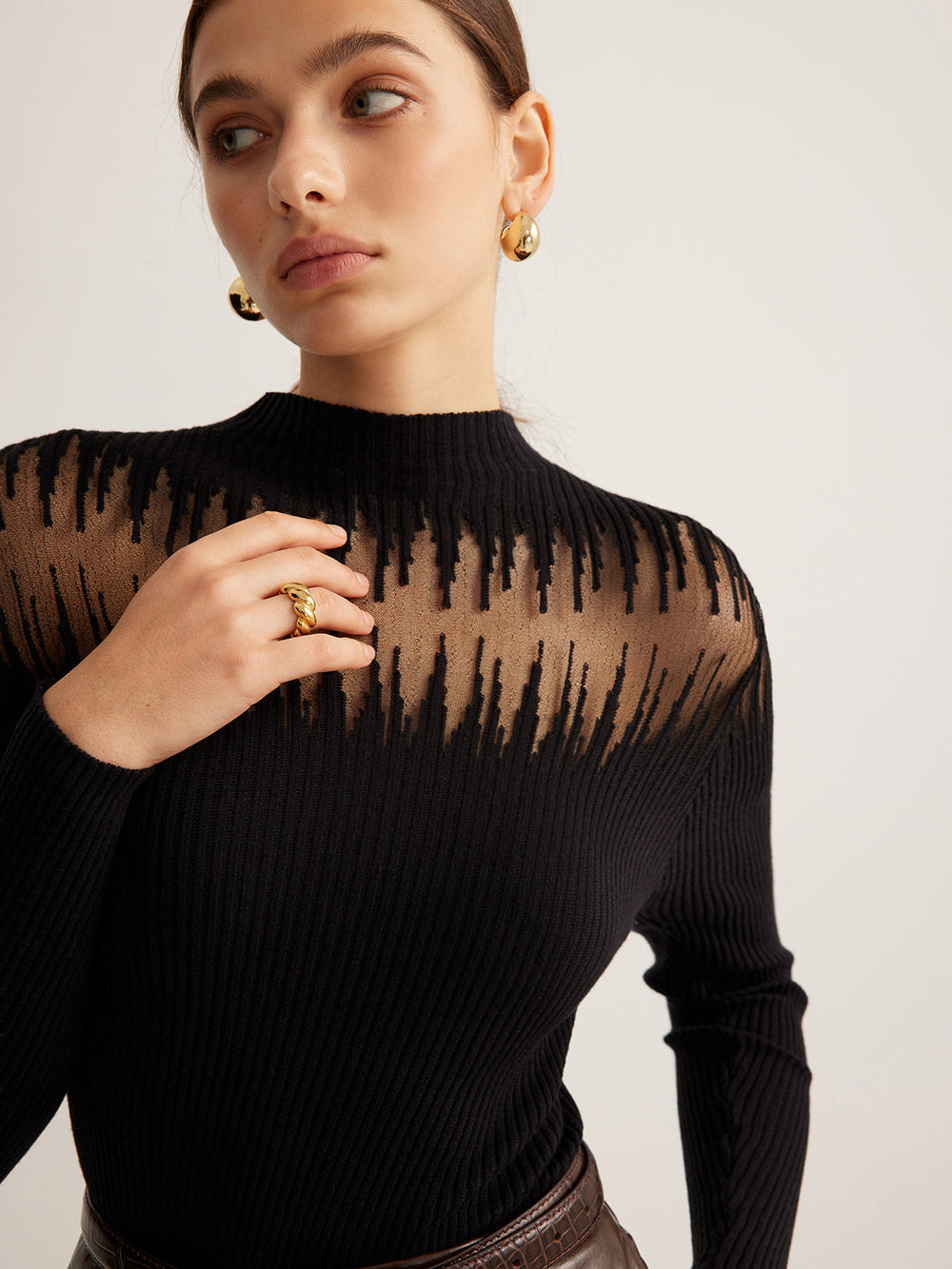 Mock Neck Sheer Panel Knit Top  Liora Lane Boutique Knit Tops