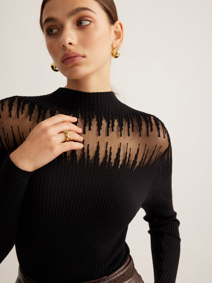 Mock Neck Sheer Panel Knit Top  Liora Lane Boutique Knit Tops