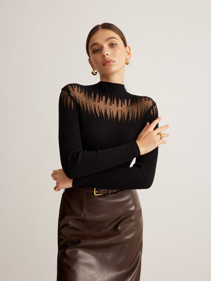 Mock Neck Sheer Panel Knit Top  Liora Lane Boutique Knit Tops