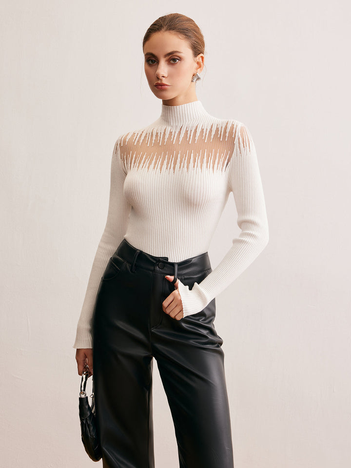 Mock Neck Sheer Panel Knit Top  Liora Lane Boutique Knit Tops