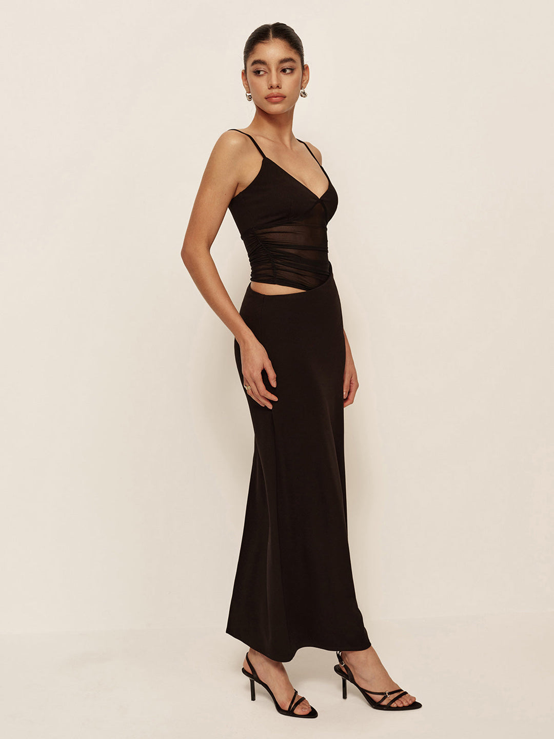 Semi-Sheer Low V-Neck Asymmetrical Ruched Dress  Liora Lane Boutique Dresses