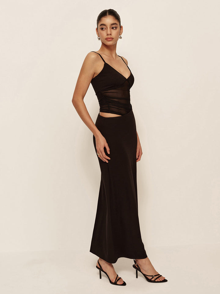 Semi-Sheer Low V-Neck Asymmetrical Ruched Dress  Liora Lane Boutique Dresses