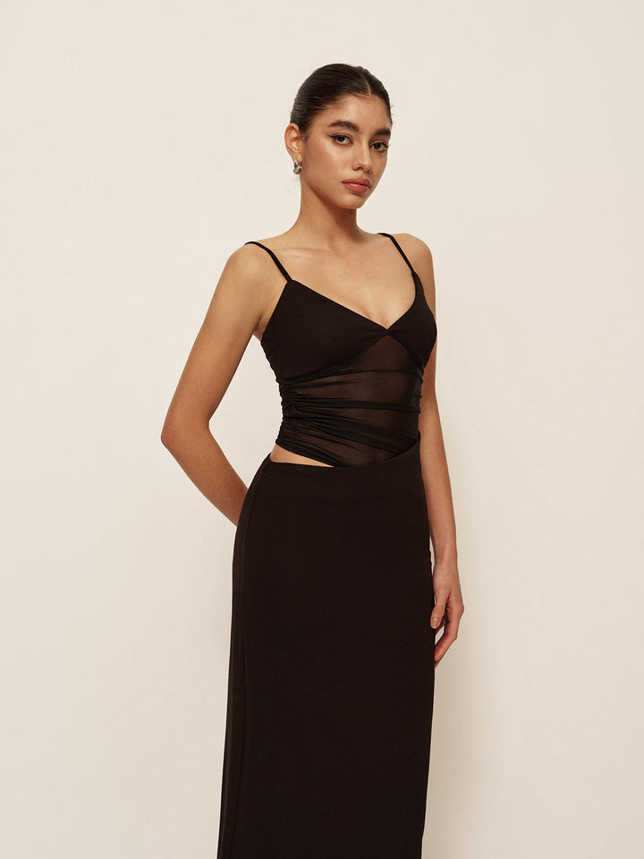 Semi-Sheer Low V-Neck Asymmetrical Ruched Dress  Liora Lane Boutique Dresses