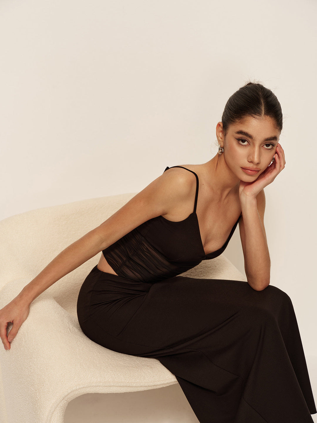 Semi-Sheer Low V-Neck Asymmetrical Ruched Dress  Liora Lane Boutique Dresses