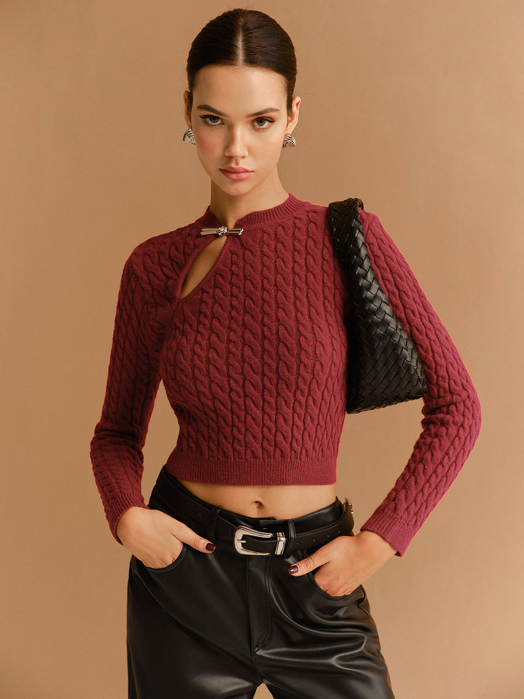 Cutout Twist Crop Sweater  Liora Lane Boutique Sweaters Burgundy / XL 39.00