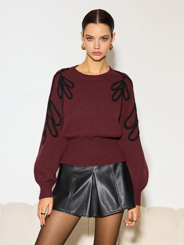 Jacquard Cinched Waist Knit Top  Liora Lane Boutique Knit Tops Burgundy / XL 39.00