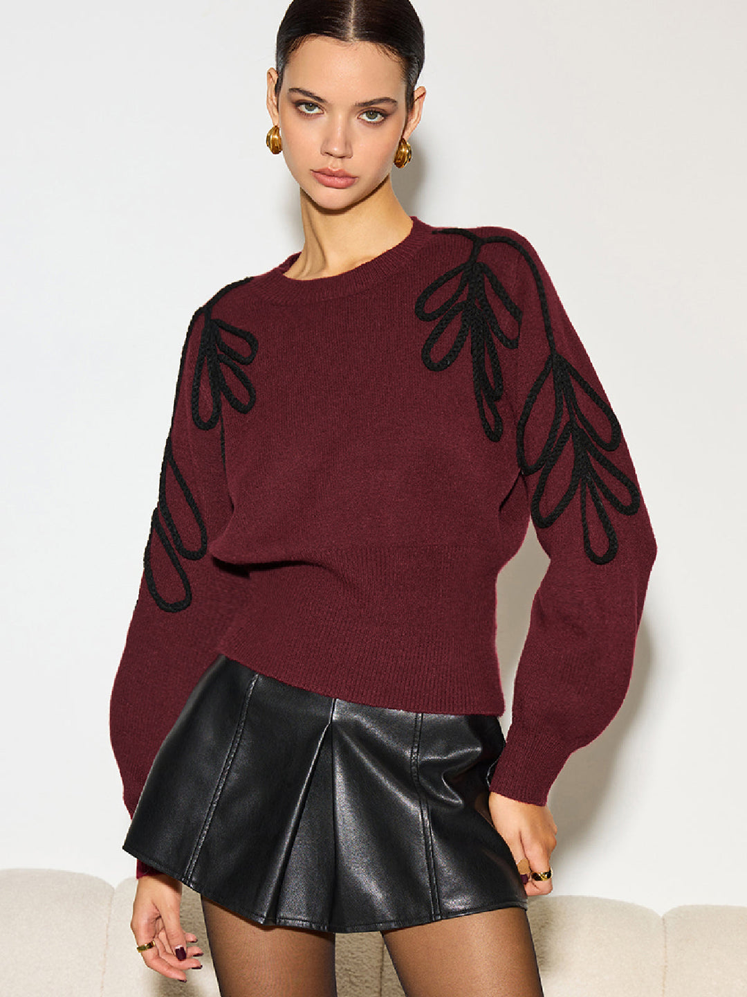 Jacquard Cinched Waist Knit Top  Liora Lane Boutique Knit Tops