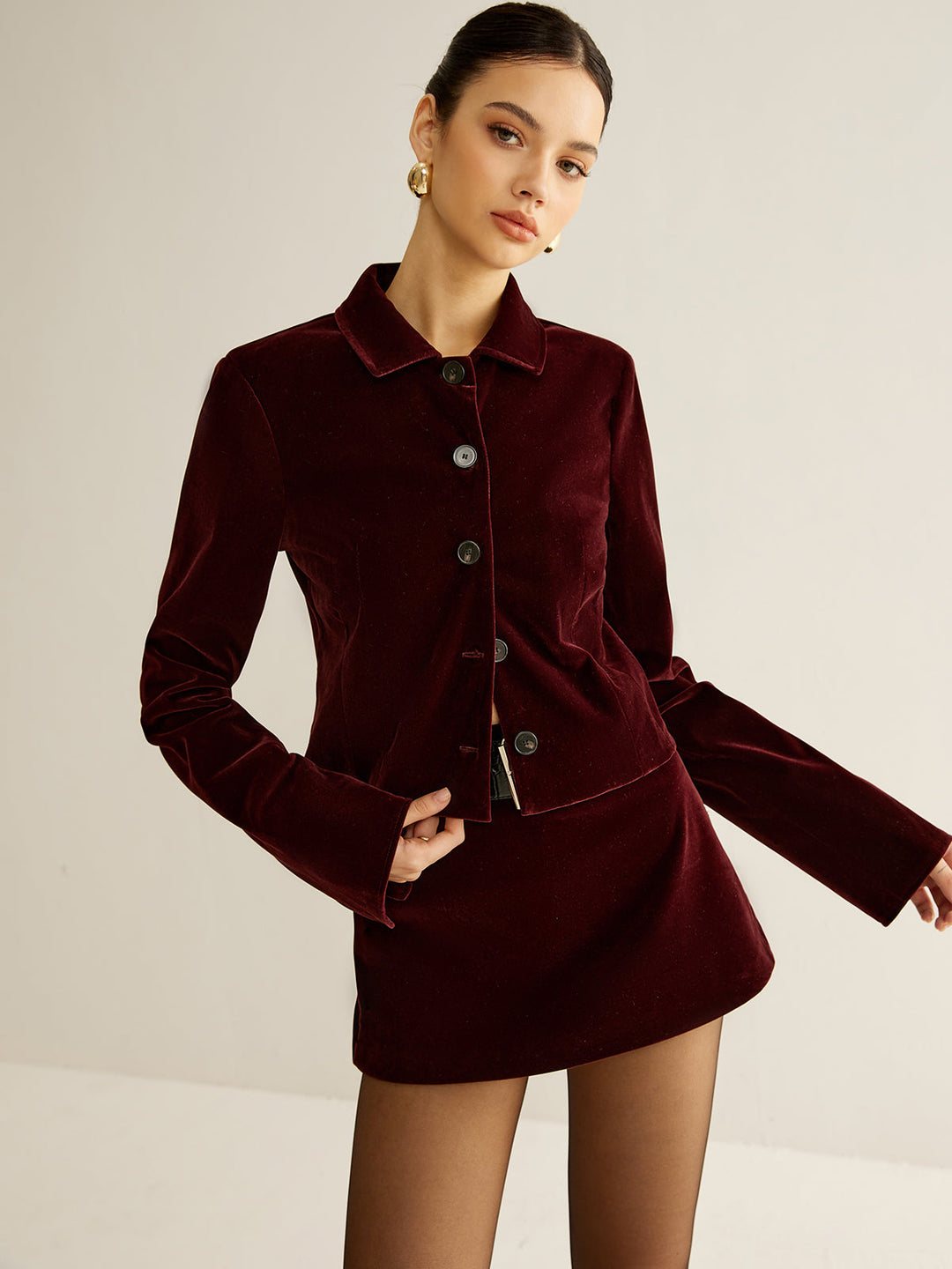Velvet Lapel Short Blazer  Liora Lane Boutique Blazers Burgundy / XL 142.00