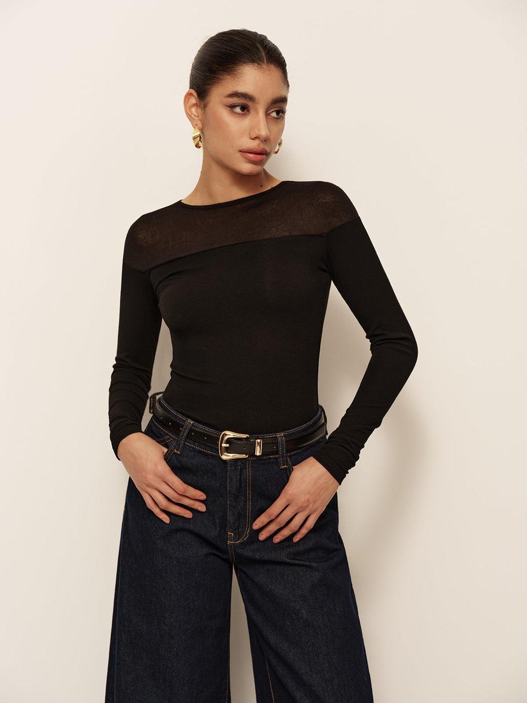 Sheer-Shoulder Slim Jersey T-Shirt  Liora Lane Boutique T-Shirts Black / XL 25.00