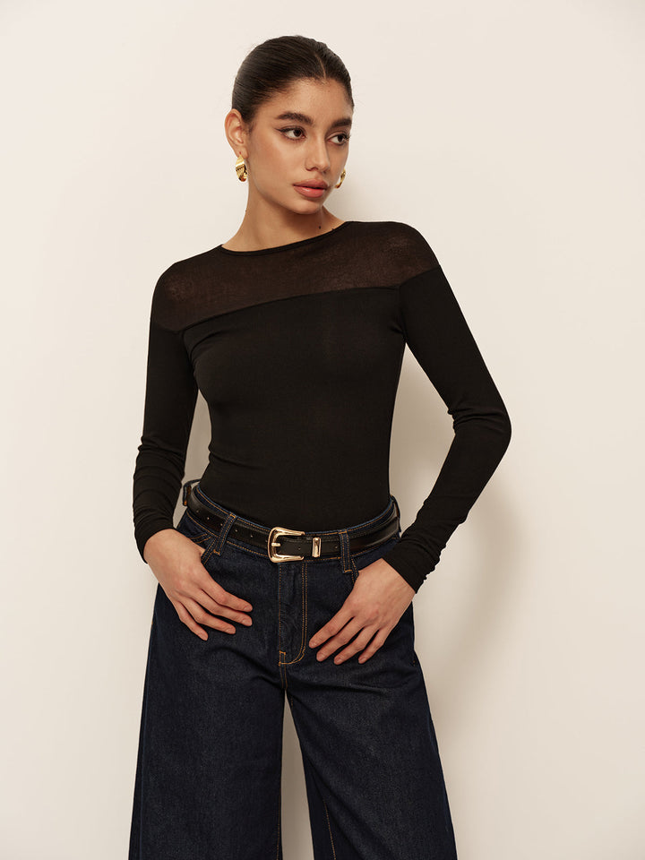 Sheer-Shoulder Slim Jersey T-Shirt  Liora Lane Boutique T-Shirts Black / XL 25.00