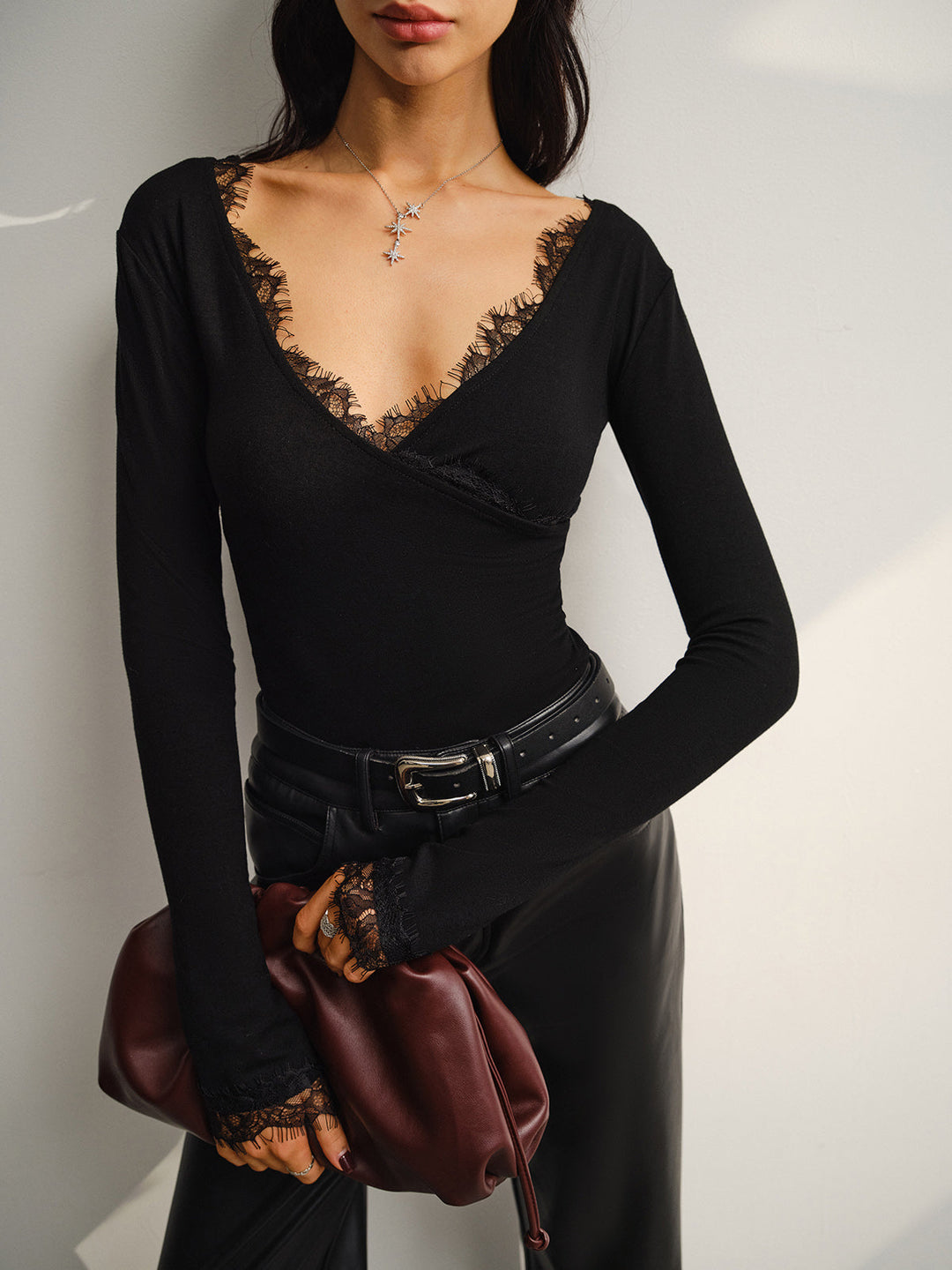 V-Neck Lace Trim Skinny T-Shirt  Liora Lane Boutique T-Shirts Black / XL 29.00