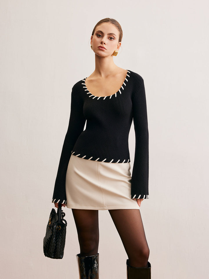 Bell-Sleeve Contrast Trim Knit Top  Liora Lane Boutique Knit Tops
