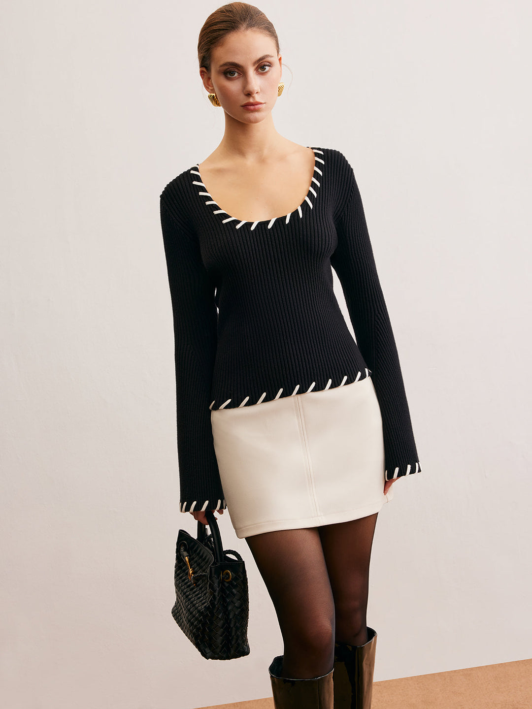 Bell-Sleeve Contrast Trim Knit Top  Liora Lane Boutique Knit Tops