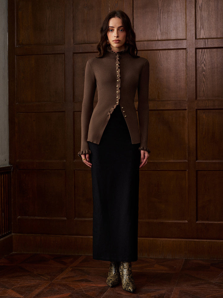 Lettuce Trim Metal-Button Split Cardigan  Liora Lane Boutique Cardigans