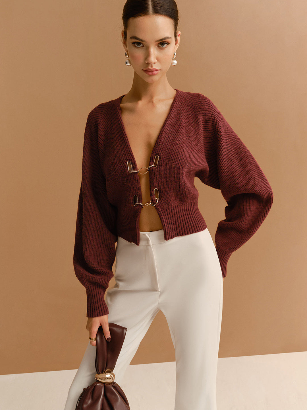 Leg-Of-Mutton Sleeve Metal-Detail Short Cardigan  Liora Lane Boutique Cardigans