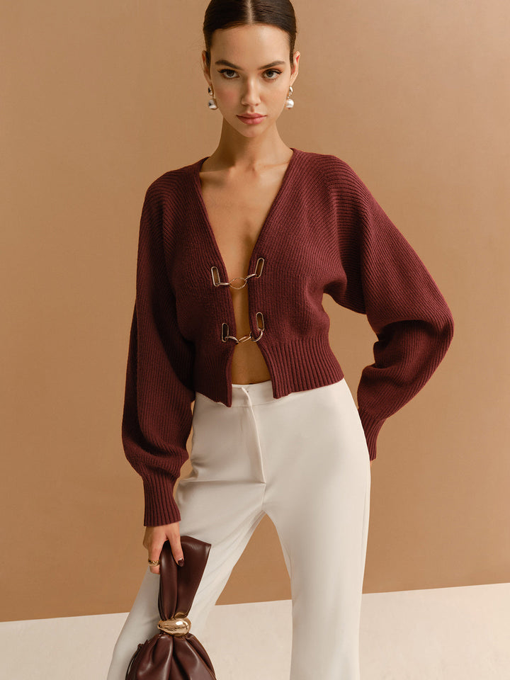 Leg-Of-Mutton Sleeve Metal-Detail Short Cardigan  Liora Lane Boutique Cardigans