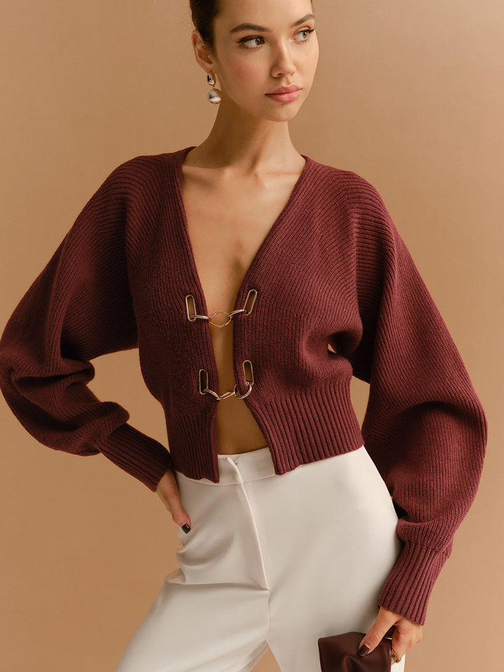 Leg-Of-Mutton Sleeve Metal-Detail Short Cardigan  Liora Lane Boutique Cardigans Burgundy / XL 84.99
