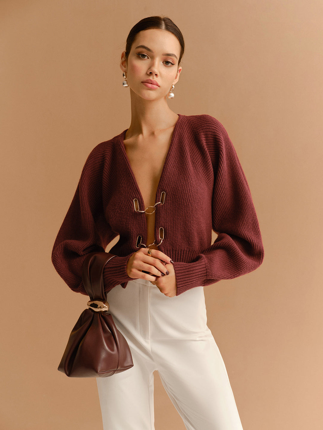 Leg-Of-Mutton Sleeve Metal-Detail Short Cardigan  Liora Lane Boutique Cardigans