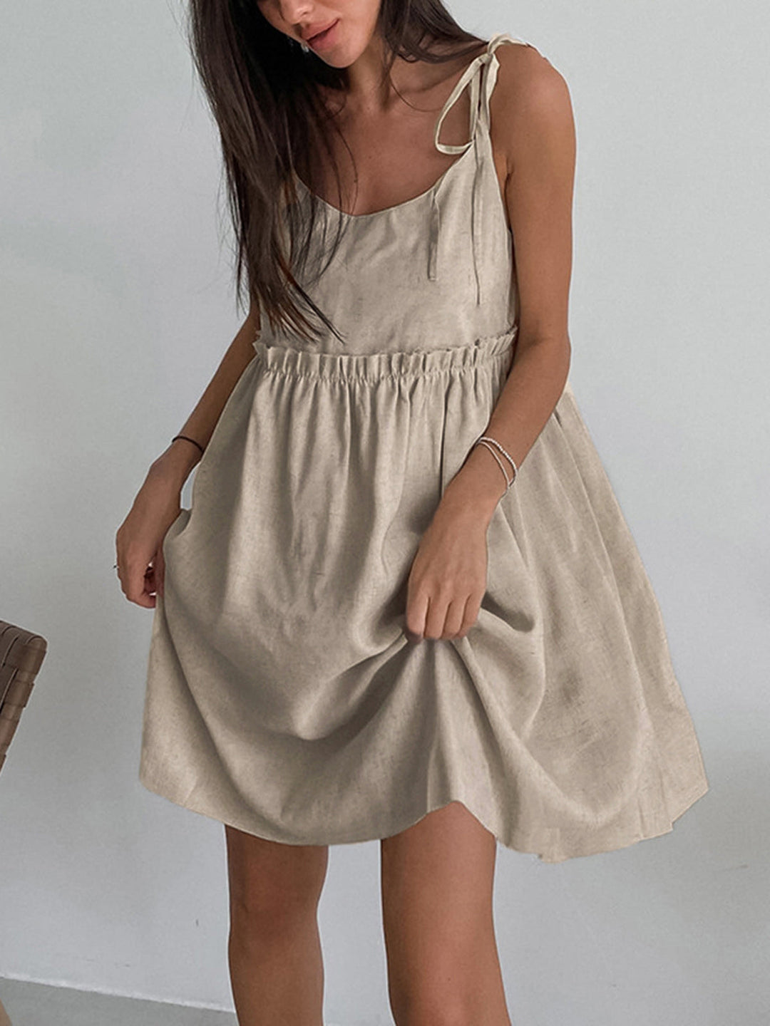 Levanzo Tied Shoulder Short Dress  Liora Lane Boutique Dresses Light Brown / XL 94.99