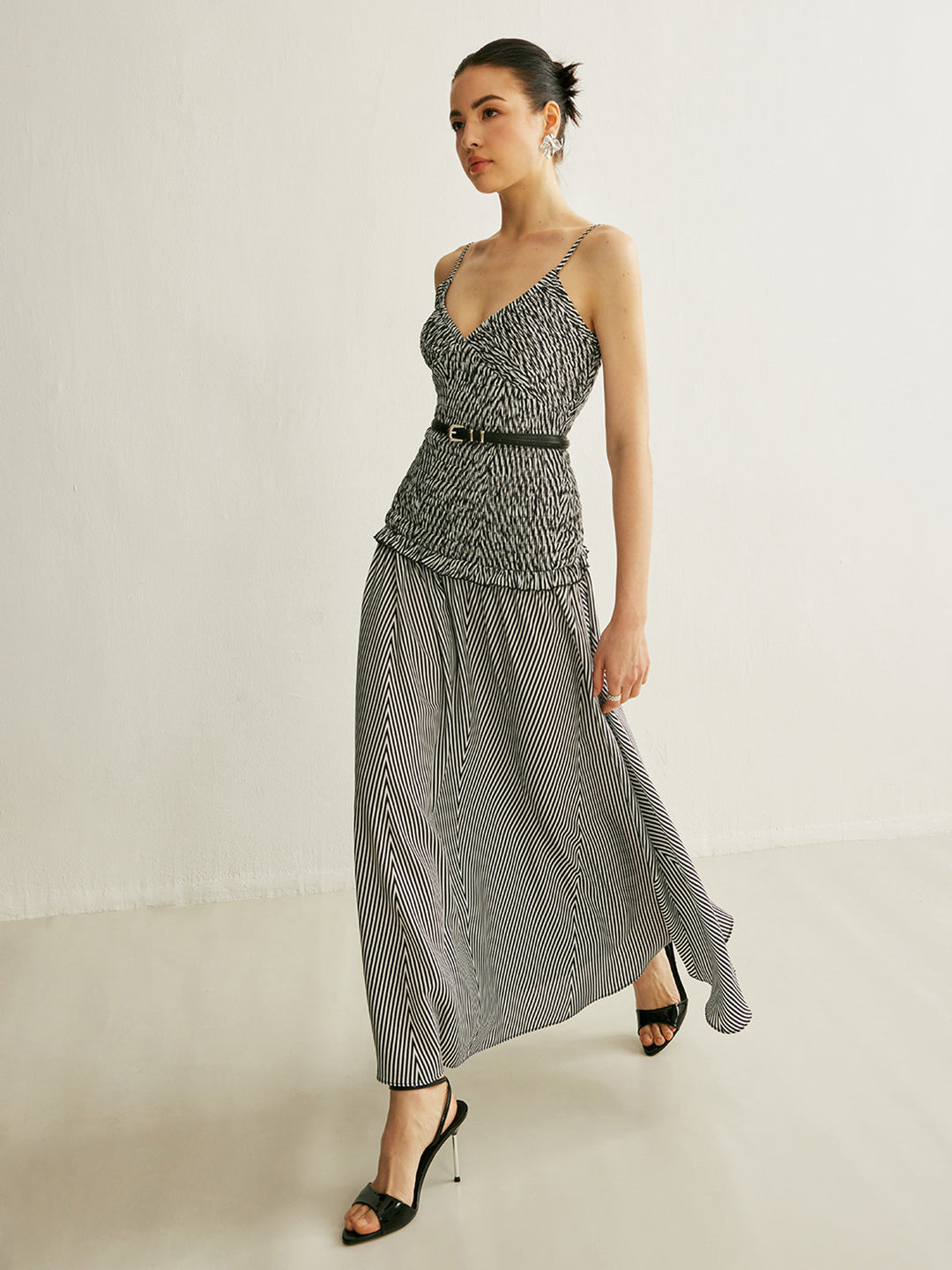 Shirred V-Neck Sleeveless Pleated Dress  Liora Lane Boutique Dresses BlackandWhite / XL 94.99