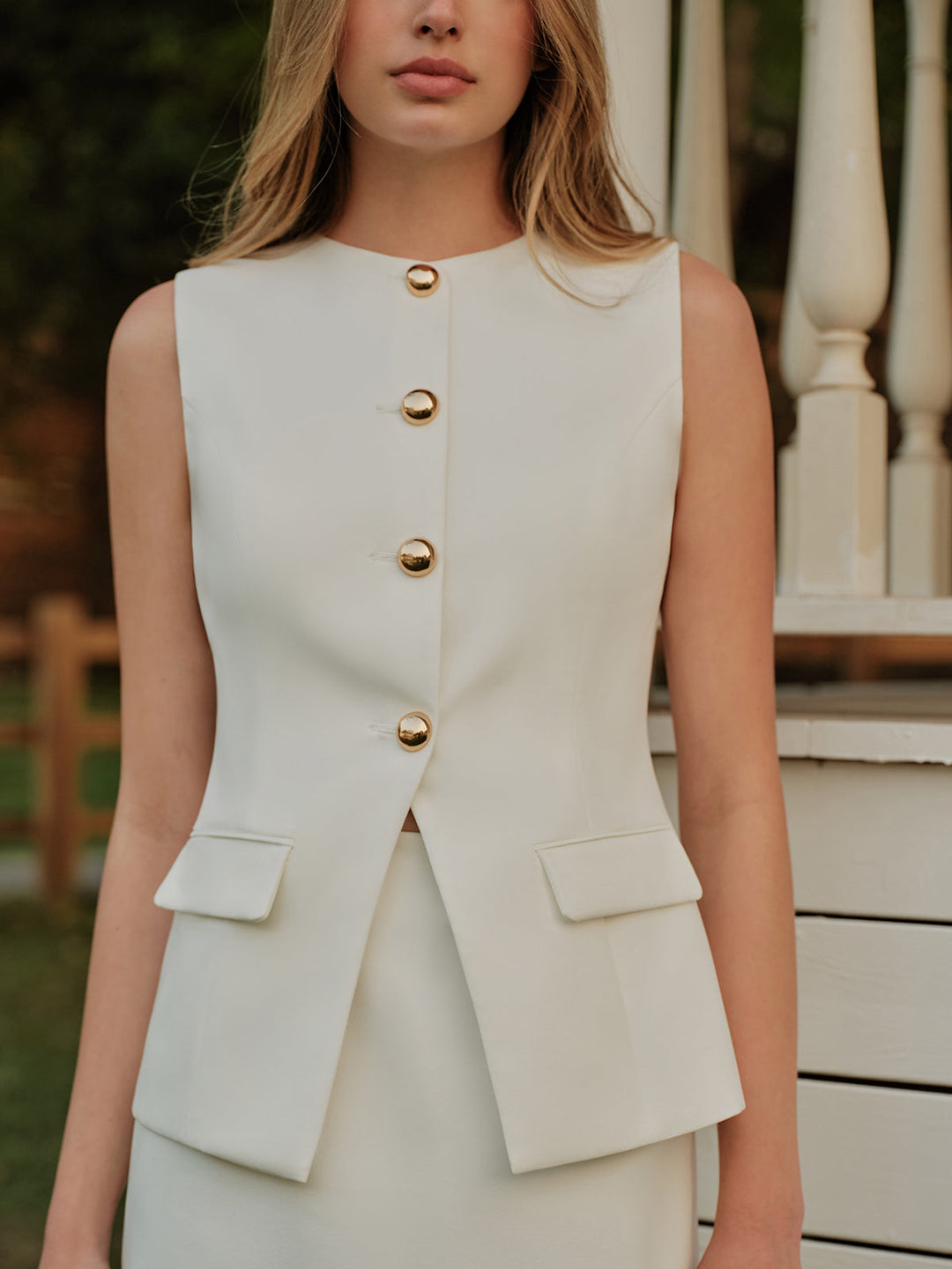 Elegant Metal Button Split Vest and Skirt Set  Liora Lane Boutique Skirt Sets