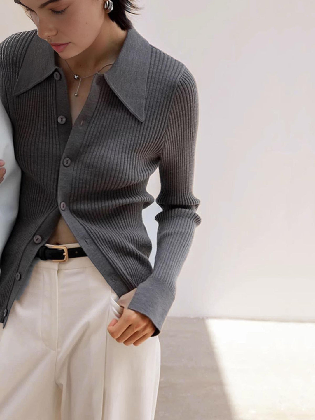 Ribbed Lapel Slim Cardigan  Liora Lane Boutique Cardigans Grey / XL 39.00