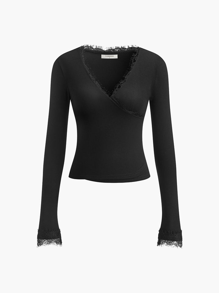 V-Neck Lace Trim Skinny T-Shirt  Liora Lane Boutique T-Shirts