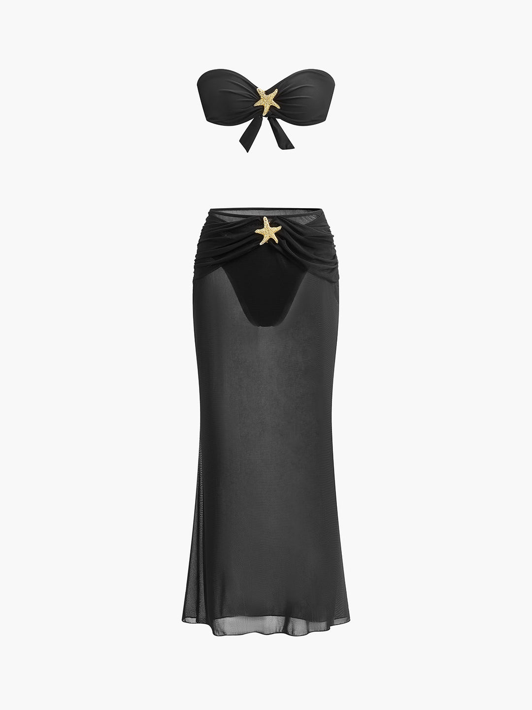 Starfish-Detail Bandeau Bikini With Mesh Skirt  Liora Lane Boutique Bikini Sets Black / L 107.99