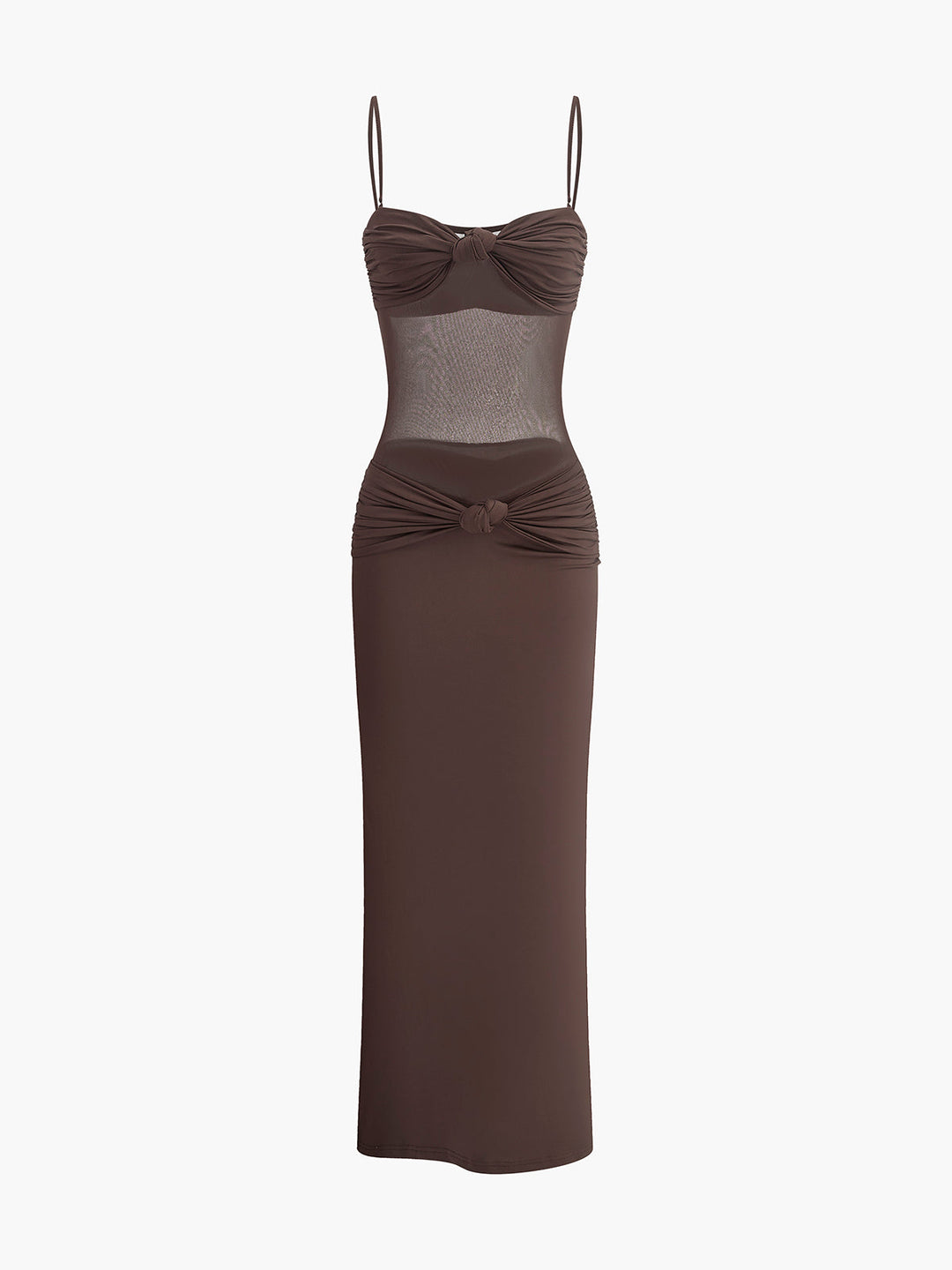 Ruched Bust Mesh Detail Knotted Dress  Liora Lane Boutique Dresses Brown / XL 35.00