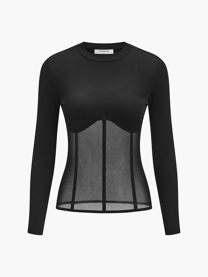 Sheer Mesh Combination Long Sleeve Top  Liora Lane Boutique T-Shirts