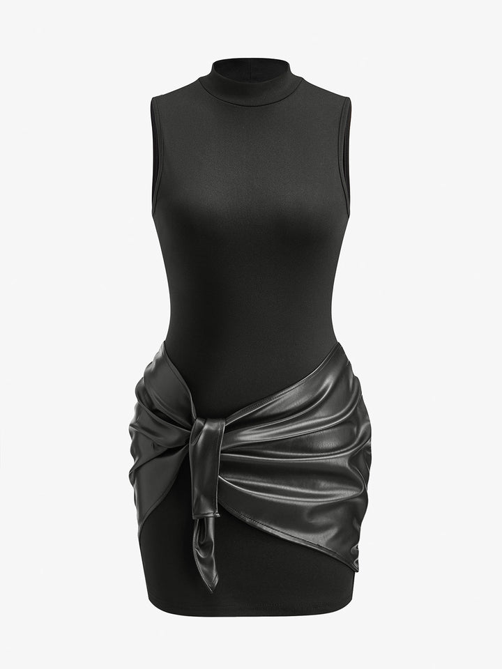 Stand Collar Faux Leather Ruched Panel Dress  Liora Lane Boutique Dresses Black / XL 29.00