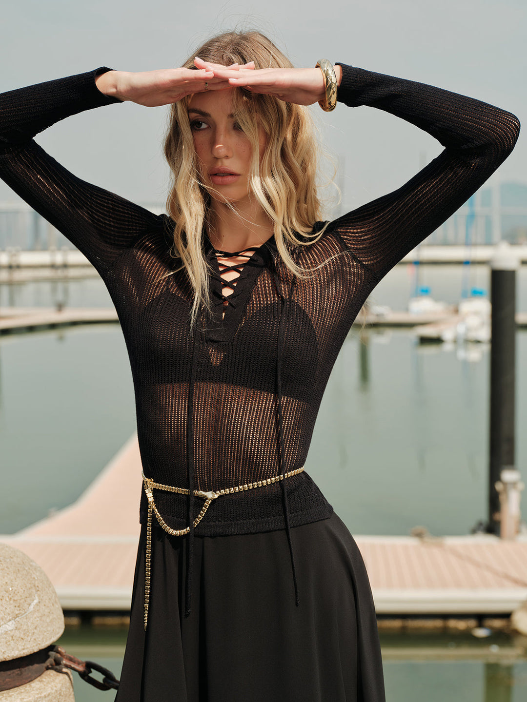 Lace-Up Front Sheer Long Sleeve Sweater  Liora Lane Boutique Sweaters Black / XL 32.00